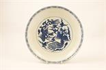 Chinese blue and white dish in the Ming style, the centre decorated with phoenix flying amidst
