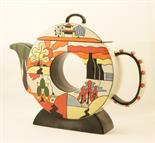 Lorna Bailey limited edition `Art Deco` style teapot, massive ring form decorated in bright