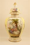 Dresden baluster jar and cover, circa 1920, hand decorated with opposing panels, featuring courtiers