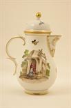 Furstenberg coffee pot, pear shape with domed cover and gilded finial, decorated with pastoral