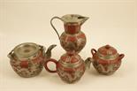 Tung Qing Shun pewter mounted Yixing style four piece tea service, comprising kettle, teapot, hot