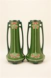Pair of Eichwald Secessionist vases, of inverted trumpet form, with full length handles and floral