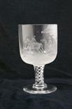 Josephine Harris engraved glass goblet, dated 1979, the deep bowl engraved with a hunting scene over