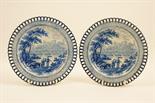 Pair of blue and white printed `Lancaster` ribbon plates, possibly Herculaneum, circa 1835, 19.5cm
