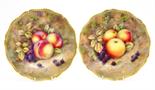 Pair of fruit decorated china plates by A R Budd, one decorated with peaches and blackberries, the