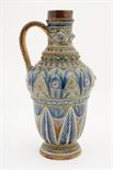 Doulton Lambeth ewer by Frank A Butler, dated 1875, of inverted acorn shape, incised with a striking
