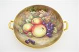 Fruit decorated footed bowl by A R Budd, decorated with apples and grapes, signed, with gilded