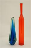 1960s orange tinted glass bottle vase, tall slender form, the metal punctuated with a regular