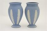 Pair of Wedgwood light blue jasper ware vases, ovoid form, decorated with applied formal acanthus