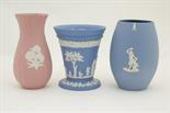 Wedgwood pink jasper ware vase, wrythen moulded ovoid form decorated with applied floral sprigs,
