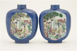 Pair of Chinese famille rose snuff bottles, flattened rectangular form decorated with panels of