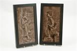 Pair of sepia glazed pottery tiles attributed to Sherwin & Cotton, each featuring peasant