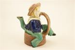 Victorian W Brownfield majolica Isle of Man teapot, for Broughton of Douglas, formed as a three