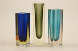 Three Murano Somerso glass vases, each of square section, internally decorated with colours, the