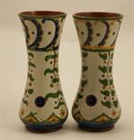 Pair of Carlo Manzoni vases, dated 1896, waisted form, incised and painted with stylised flowers