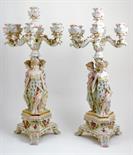 Pair of German porcelain figural candelabra, circa 1890-1910, surmounted with six floral encrusted