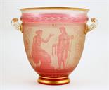 Fine acid etched and cranberry tinted glass wine cooler, circa 1875, U-shaped with twin handles,