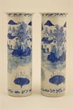 Pair of Chinese blue and white cylinder vases, late 19th Century, each decorated with pavilion