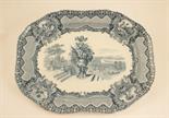 Copeland late Spode blue and white printed meat plate, decorated with a country house garden view