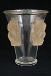 Lalique Saint-Emilion vase, clear flared form, the body punctuated with four frosted lug handles