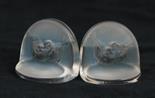 Pair of Lalique Pinsons menu holders, each moulded with sparrows standing on the edge of a bird