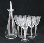 Lalique Louvre decanter and six matching pedestal wine glasses, engraved script mark `Lalique