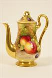 Royal Worcester fruit decorated coffee pot and cover by George Moseley, circa 1935, baluster form