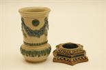 Doulton Lambeth stoneware table salt by Elizabeth Shelley, dated 1874, hexagonal form centred with a