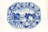 Staffordshire blue and white printware meat plate, circa 1820, in the Ponte Rotto pattern, printed