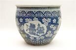 Chinese blue and white jardiniere, early 19th Century, decorated with panels of precious objects