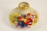 Royal Worcester fruit decorated small vase by Kitty Blake, circa 1939, squat baluster form with