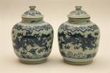 Pair of Chinese blue and white lidded jars, 18th or 19th Century, decorated with scrolling dragons