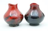 Pair of Royal Doulton veined flambe vases, baluster form, individually glazed, printed marks and