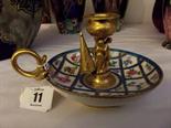 FRENCH CHAMBERSTICK; 19th Century porcelain based gilded metal chamberstick with snuffer (some