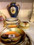 NORITAKE; Pair of blue ground gilded twin handled 9" floral vases; together with 8 other pieces of