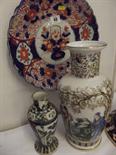 IMARI, scalloped edge floral design 12" Imari vase; also Famille Verte vase and 1 other