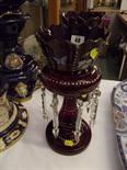 VICTORIAN LUSTRES, pair of ruby glass prism drop lustres with floral and butterfly enamelled