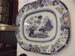 VICTORIAN IRONSTONE, flow blue 21.5" octagonal meat plate "Pagoda" pattern (some damage)