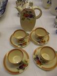 ART DECO, "Honey glaze" fruit decorated coffee pot with 4 matching cups and saucers by Wilkinson