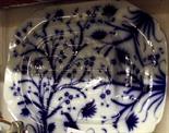 FLOW-BLUE; Victorian large octagonal foliate design meat plate incorporating gravy well, 21" wide