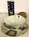 FAMILLE ROSE; Chinese wide rimmed tea bowl and matching saucer decorated with Samurai and Sage