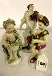 18TH CENTURY DERBY; figure of grape harvester (crudely repaired), 5.5" high together with two