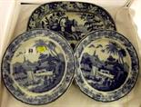 BLUE PRINTED WARE; pair of "Sampan" pattern early blue printed dessert plates; also blue printed "