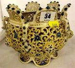 ZSOLNAY; ornate gilt and pierced body spherical pot pourri bowl, 8" diameter