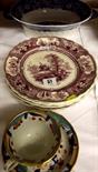 CERISE PRINTED WARE; six "Belzoni" pattern desset plates by E.W.& S, some faults; also blue floral