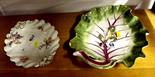 RED ANCHOR CHELSEA; leaf shaped tureen stand painted with fruit decoration (several defects) and red