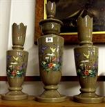 VICTORIAN MILK GLASS; 19th Century garniture of three butterfly and toadstool decorated brown milk