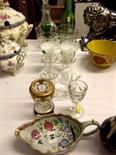 FAMILLE ROSE; early 19th Century scalloped edge sauce boat with gilded rim (restored)