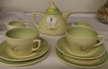CLARICE CLIFF; "Bleeding Heart" pattern breakfast set of conical teapot, two trios, jug and sugar