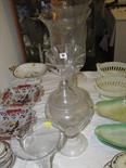 ANTIQUE GLASS WARE, 3 chemist pedestal base display jars, Edwardian crinoline edge flower vase and